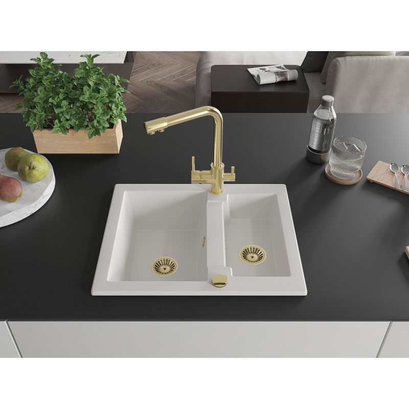 Mexen Carlos granite sink 1.5-bowl with Duero kitchen tap, white - 6518-20-671600-50