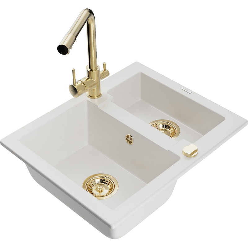 Mexen Carlos 1.5-bowl granite sink with Duero kitchen faucet, white - 6518-20-671600-50