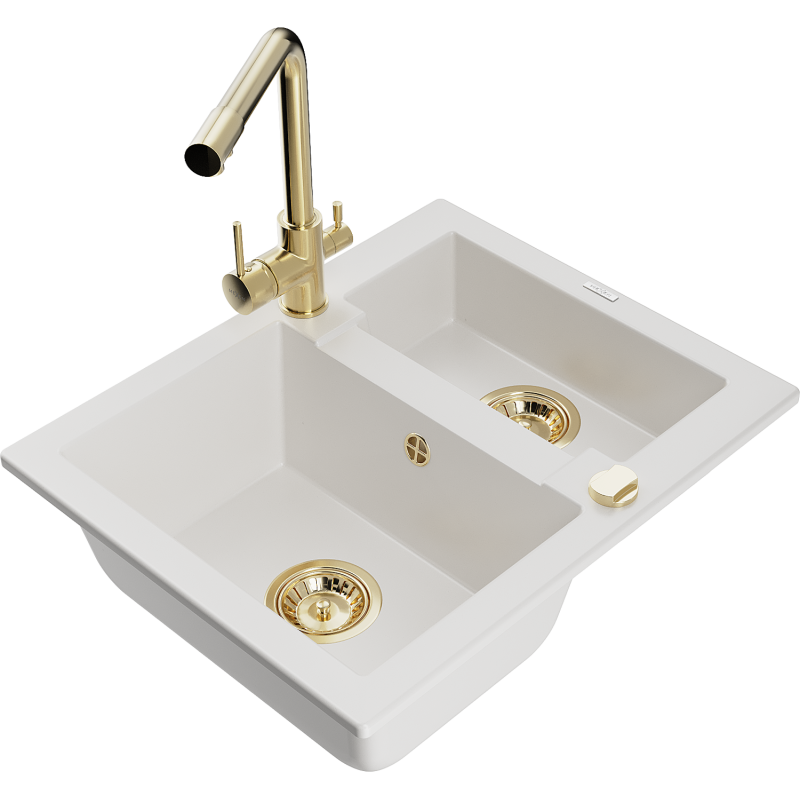 Mexen Carlos granite sink 1.5-bowl with Duero kitchen tap, white - 6518-20-671600-50
