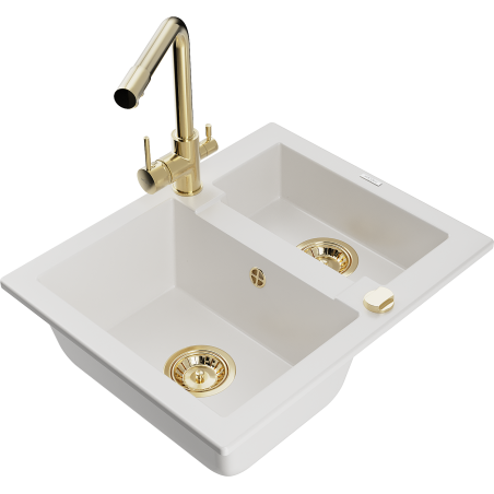 Mexen Carlos 1.5-bowl granite sink with Duero kitchen faucet, white - 6518-20-671600-50