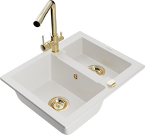 Mexen Carlos 1,5-compartment granite sink with a kitchen mixer tap Duero, White - 6518-20-671600-50