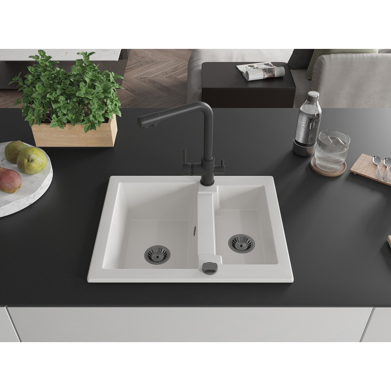 Mexen Carlos granite kitchen sink 1.5-bowl with Duero kitchen faucet, white - 6518-20-671600-70