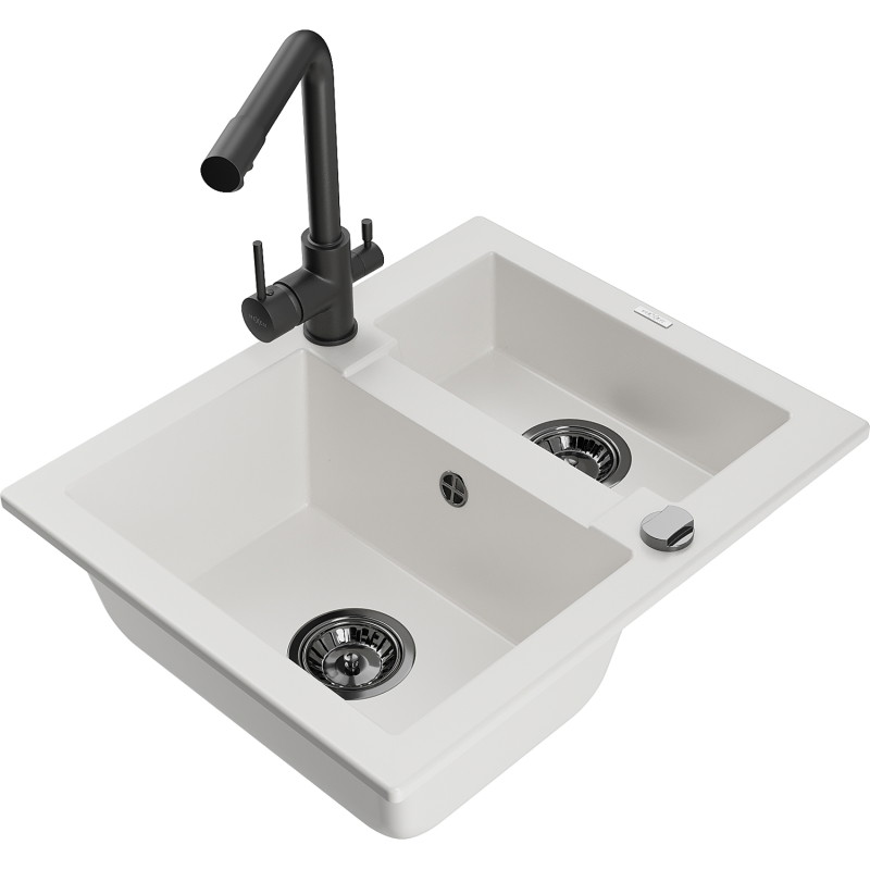Mexen Carlos granite sink 1.5-bowl with kitchen faucet Duero, white - 6518-20-671600-70