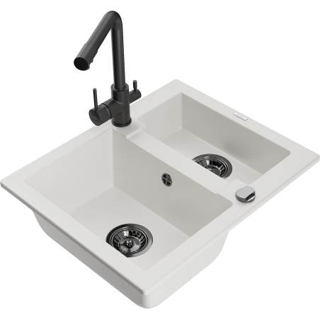 Mexen Carlos 1.5-bowl Granite Sink with Duero Kitchen Tap, White - 6518-20-671600-70