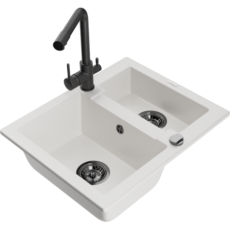Mexen Carlos granite kitchen sink 1.5-bowl with Duero kitchen faucet, white - 6518-20-671600-70