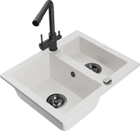 Mexen Carlos granite sink 1.5-bowl with kitchen faucet Duero, white - 6518-20-671600-70