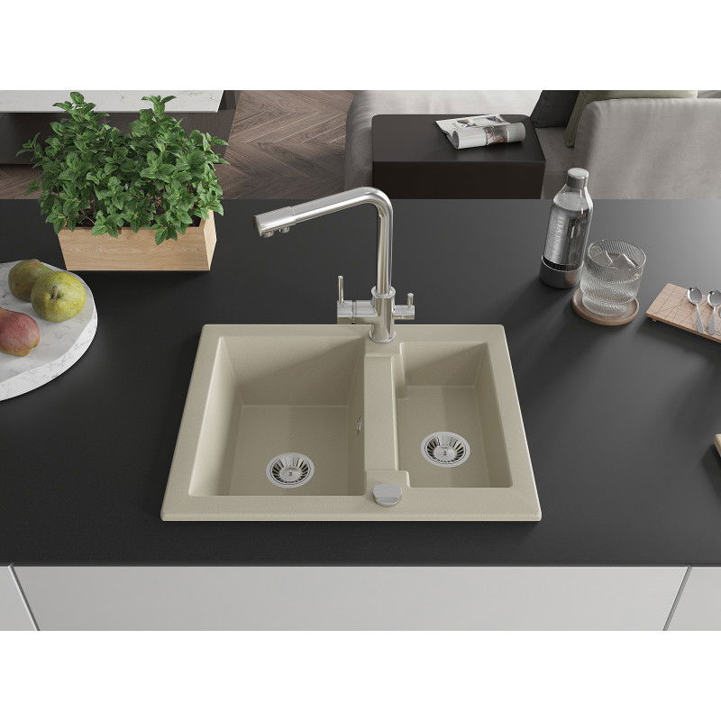 Mexen Carlos granite sink 1.5-bowl with Duero kitchen tap, beige - 6518-69-671600-00