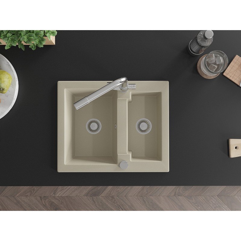 Mexen Carlos granite 1.5-bowl kitchen sink with Duero kitchen faucet, beige - 6518-69-671600-00