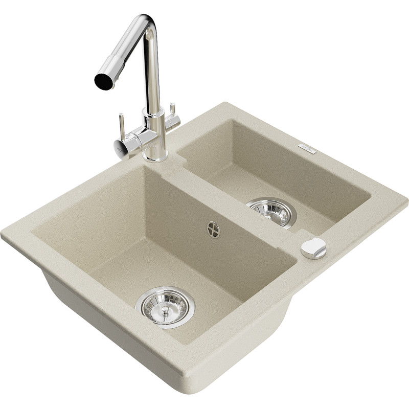 Mexen Carlos 1,5-compartment granite sink with a kitchen mixer tap Duero, Beige - 6518-69-671600-00