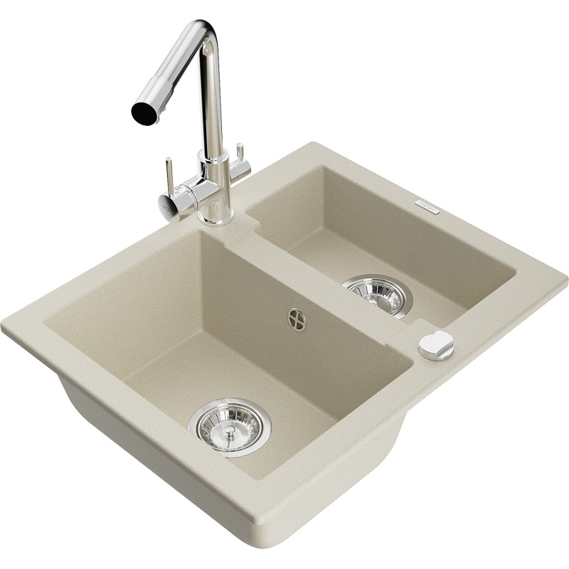 Mexen Carlos granite 1.5-bowl kitchen sink with Duero kitchen faucet, beige - 6518-69-671600-00