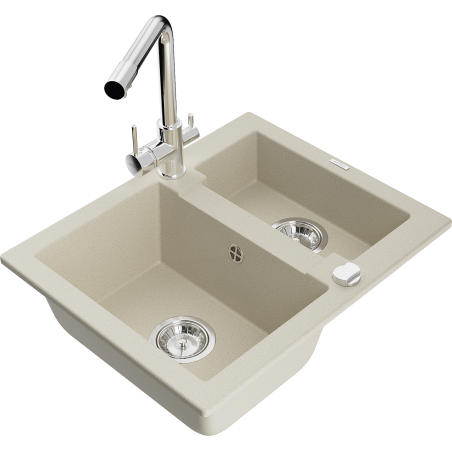 Mexen Carlos granite 1.5-bowl kitchen sink with Duero kitchen faucet, beige - 6518-69-671600-00