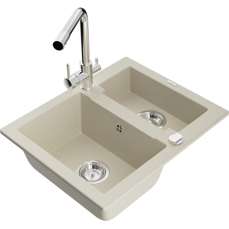 Mexen Carlos granite sink 1.5-bowl with Duero kitchen tap, beige - 6518-69-671600-00