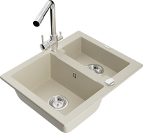 Mexen Carlos 1.5-bowl granite sink with Duero kitchen faucet, beige - 6518-69-671600-00