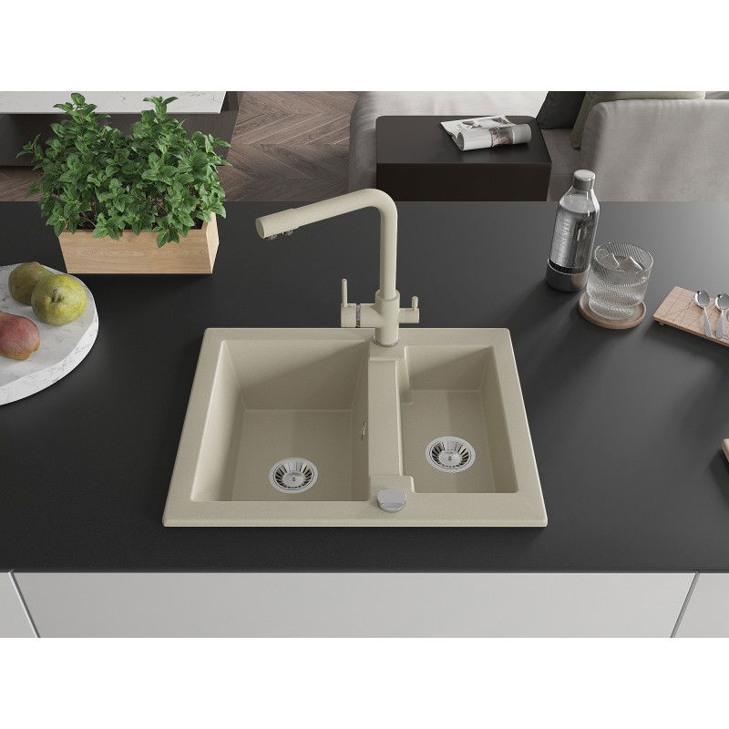 Mexen Carlos granite sink 1.5-bowl with Duero kitchen tap, beige - 6518-69-671600-69