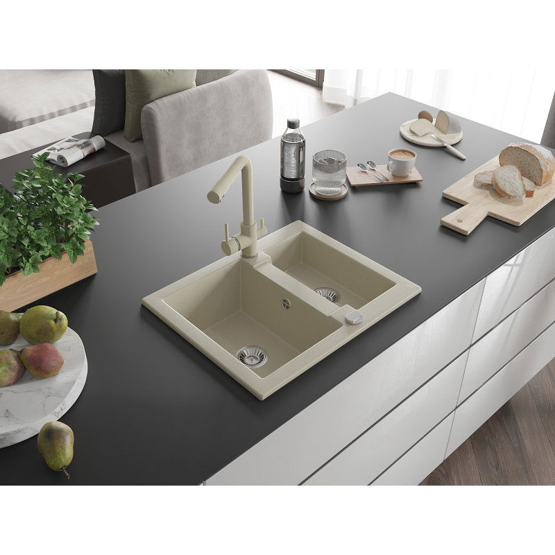 Mexen Carlos granite sink 1.5-bowl with Duero kitchen tap, beige - 6518-69-671600-69