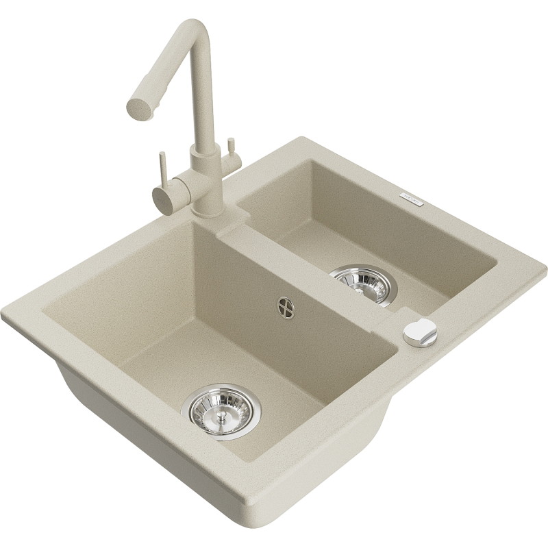 Mexen Carlos granite sink 1.5-bowl with Duero kitchen faucet, beige - 6518-69-671600-69