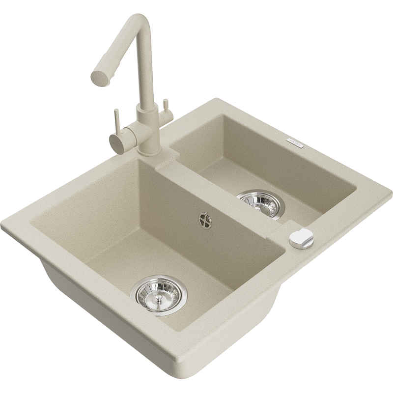 Mexen Carlos granite sink 1.5-bowl with Duero kitchen tap, beige - 6518-69-671600-69