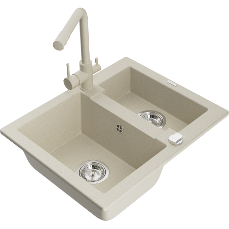 Mexen Carlos granite sink 1.5-bowl with Duero kitchen faucet, beige - 6518-69-671600-69