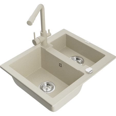 Mexen Carlos granite sink 1.5-bowl with Duero kitchen tap, beige - 6518-69-671600-69