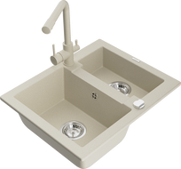 Mexen Carlos 1.5-bowl granite sink with Duero kitchen faucet, beige - 6518-69-671600-69
