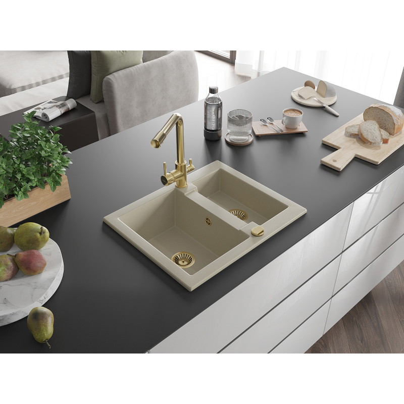 Mexen Carlos 1.5-bowl granite sink with Duero kitchen faucet, beige - 6518-69-671600-50