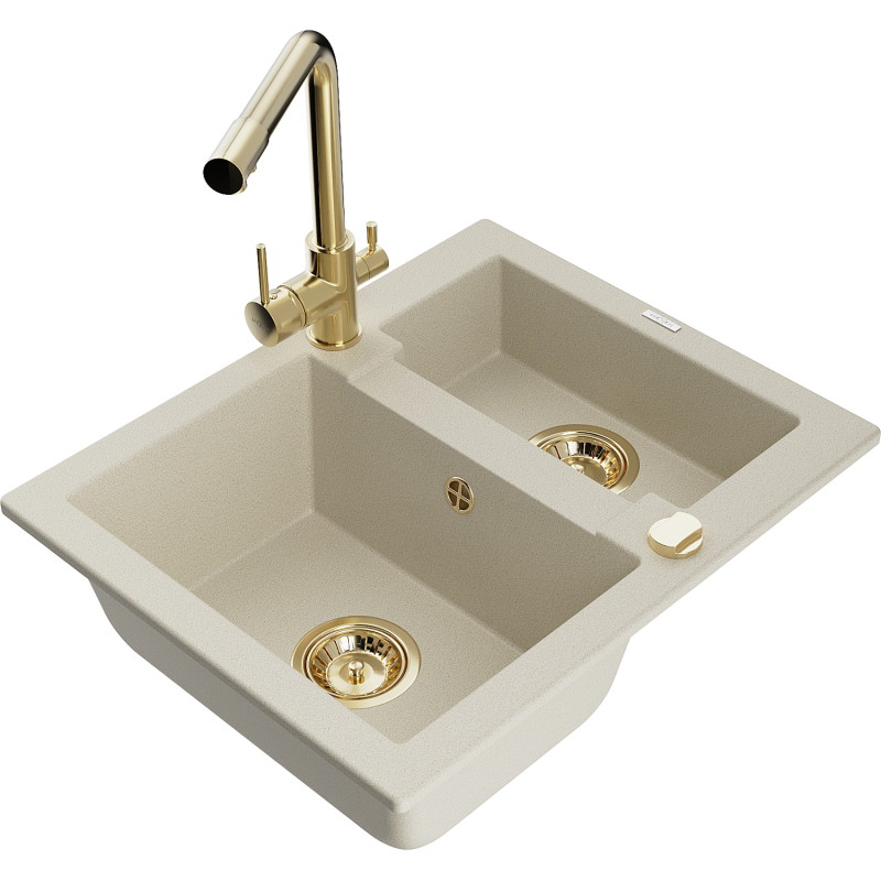 Mexen Carlos 1.5-bowl granite sink with Duero kitchen faucet, beige - 6518-69-671600-50