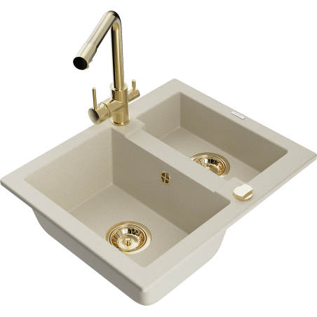Mexen Carlos granite sink 1.5-bowl with Duero kitchen faucet, beige - 6518-69-671600-50