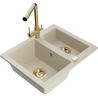 Mexen Carlos granite sink 1.5-bowl with Duero kitchen faucet, beige - 6518-69-671600-50