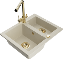 Mexen Carlos granite sink 1.5-bowl with Duero kitchen faucet, beige - 6518-69-671600-50