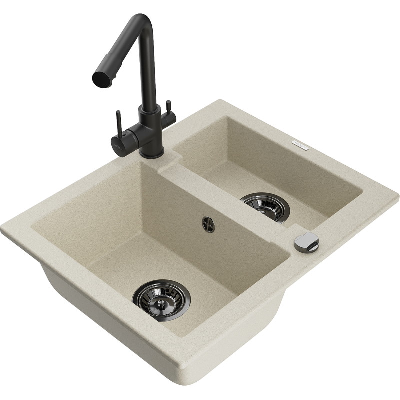 Mexen Carlos granite sink 1.5-bowl with Duero kitchen faucet, beige - 6518-69-671600-70