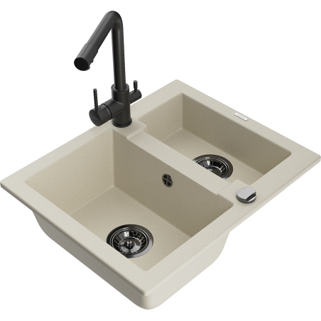 Mexen Carlos granite sink 1.5-bowl with Duero kitchen faucet, beige - 6518-69-671600-70
