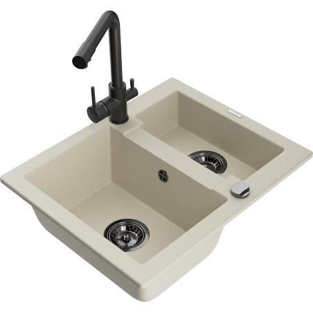 Mexen Carlos granite sink 1.5-bowl with Duero kitchen tap, beige - 6518-69-671600-70