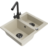 Mexen Carlos granite sink 1.5-bowl with Duero kitchen faucet, beige - 6518-69-671600-70