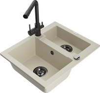 Mexen Carlos granite sink 1.5-bowl with Duero kitchen faucet, beige - 6518-69-671600-70