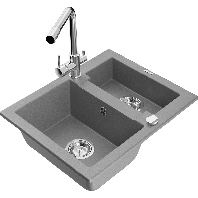 Mexen Carlos 1.5-bowl granite sink with Duero kitchen tap, grey - 6518-71-671600-00