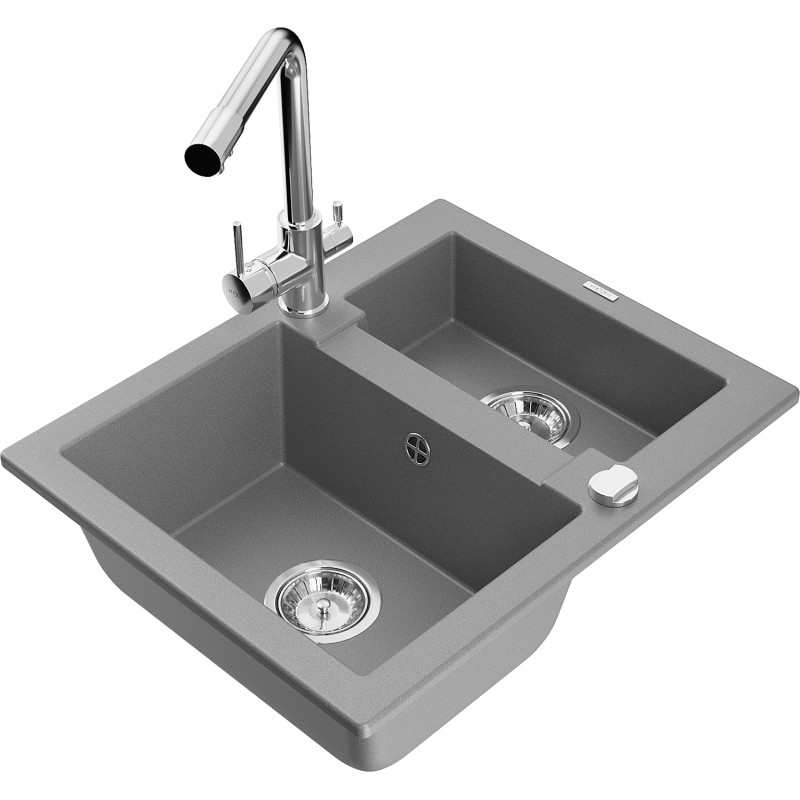 Mexen Carlos granite sink 1.5-bowl with Duero kitchen faucet, gray - 6518-71-671600-00