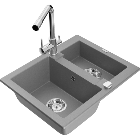 Mexen Carlos granite sink 1.5-bowl with Duero kitchen faucet, gray - 6518-71-671600-00