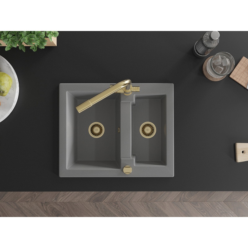 Mexen Carlos 1.5-bowl granite sink with Duero kitchen faucet, gray - 6518-71-671600-50