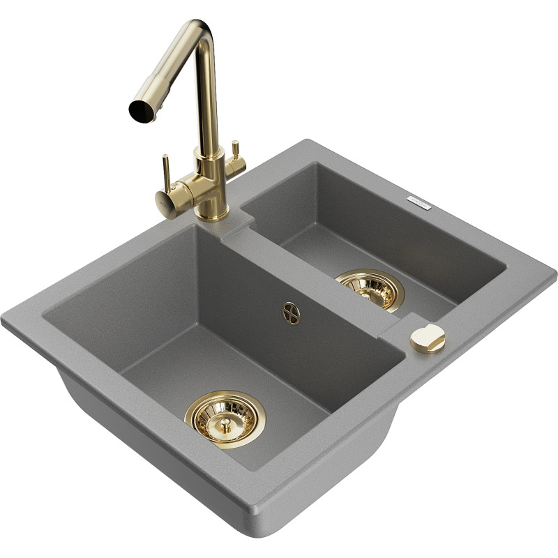 Mexen Carlos 1.5-bowl granite sink with Duero kitchen faucet, gray - 6518-71-671600-50