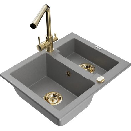 Mexen Carlos 1.5-Bowl Granite Sink with Duero Kitchen Tap, Grey - 6518-71-671600-50