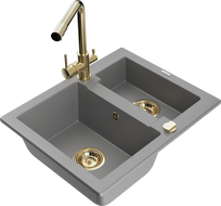 Mexen Carlos 1.5-bowl granite sink with Duero kitchen faucet, gray - 6518-71-671600-50