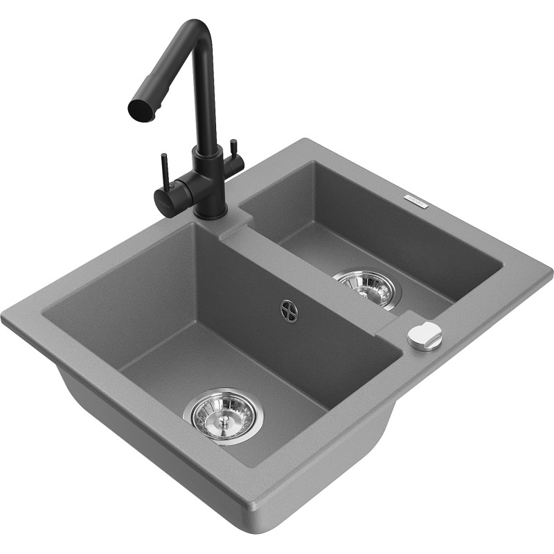 Mexen Carlos 1.5-bowl granite sink with Duero kitchen faucet, gray - 6518-71-671600-70