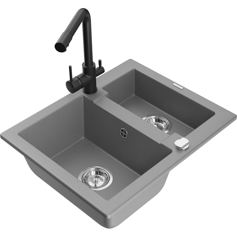 Mexen Carlos granite sink 1.5-bowl with Duero kitchen tap, grey - 6518-71-671600-70