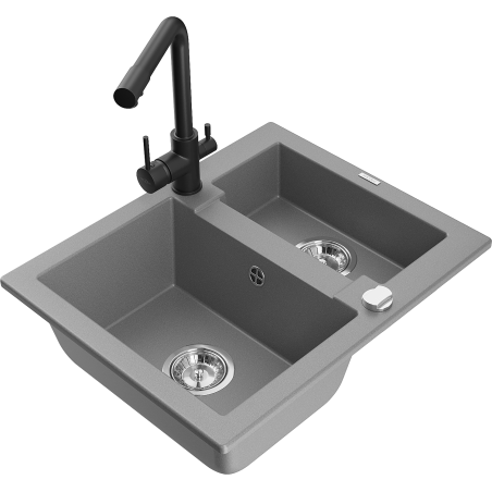 Mexen Carlos 1.5-bowl granite sink with Duero kitchen faucet, gray - 6518-71-671600-70