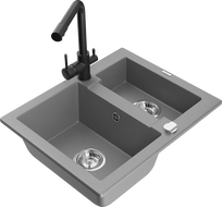 Mexen Carlos granite sink 1.5-bowl with Duero kitchen tap, grey - 6518-71-671600-70