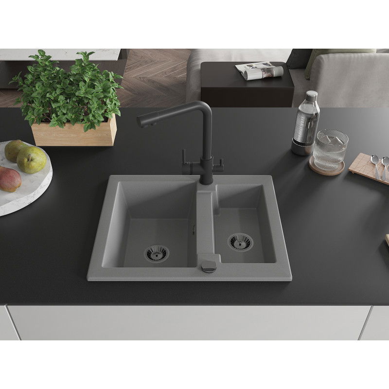 Mexen Carlos granite sink 1.5-bowl with Duero kitchen tap, grey - 6518-71-671600-70-B