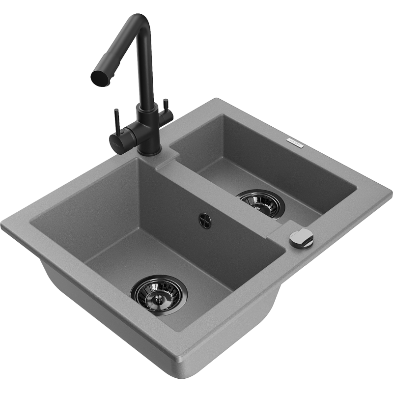 Mexen Carlos granite sink 1.5-bowl with Duero kitchen tap, grey - 6518-71-671600-70-B