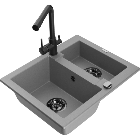 Mexen Carlos granite sink 1.5-bowl with Duero kitchen faucet, gray - 6518-71-671600-70-B