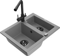Mexen Carlos granite sink 1.5-bowl with Duero kitchen tap, grey - 6518-71-671600-70-B