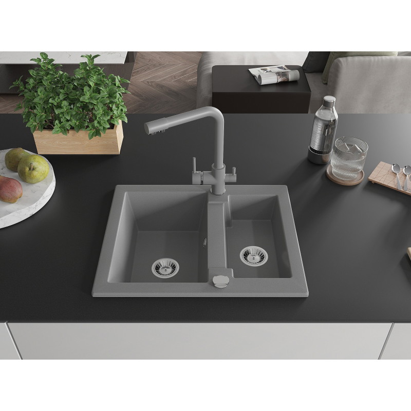 Mexen Carlos 1.5-bowl granite sink with Duero kitchen faucet, gray - 6518-71-671600-71